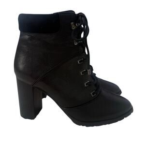 Antonio Melani Black Leather Lace Up Granny Ankle Boots Block Heel Booties Sz 8